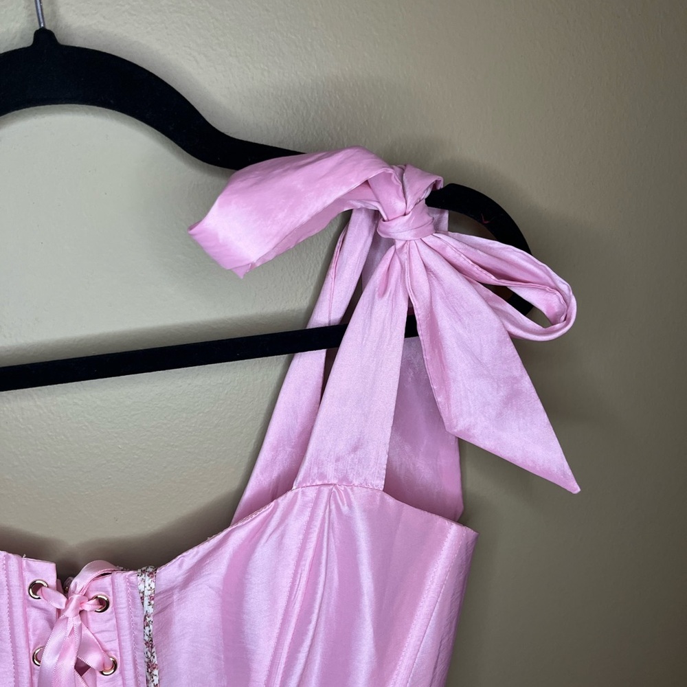 LoveShackFancy Pink Lace-Up Satin Corset Top - Picture 4 of 7